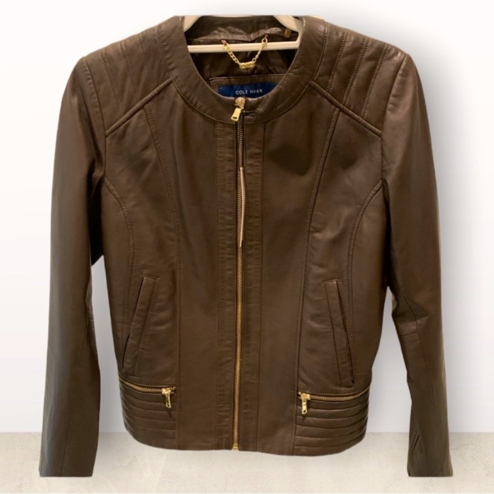 𝅺❣️BROWN Leather Jacket by Cole Haan Sz S NWT